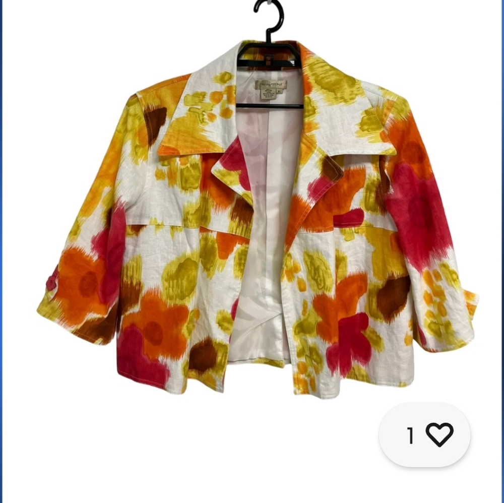 Transitions Women's 3/4 Sleeve Bright White Floral Open Front Blaze XL LINEN